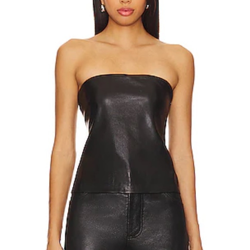 Good American Black Strapless Faux Leather Top